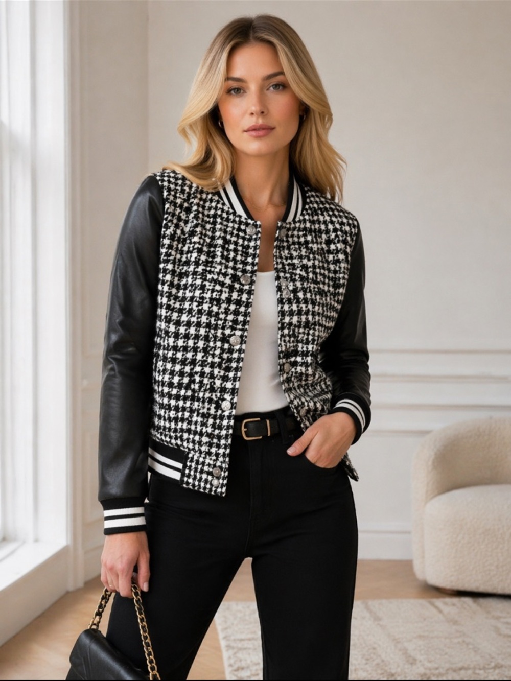 New Karl Lagerfeld Monochrome Tweed Bomber Jacket. Size XS